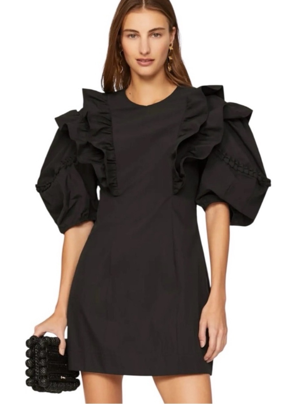 Rhode Varja Dress Black Mini Puff Sleeve XXS Ruffle Revolve Womens NWT $475